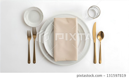 White plate and cutlery on white background White plate and cutlery on white background 131597819