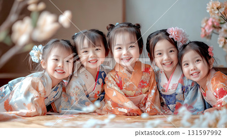 Girl group wearing Japanese traditional kimono clothes in studio, Concept of cultures decorated with Sakura Cherry blossom 131597992