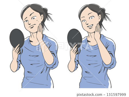 Before and after of a middle-aged woman concerned about skin blemishes Before and after of a middle-aged woman concerned about skin blemishes 131597999