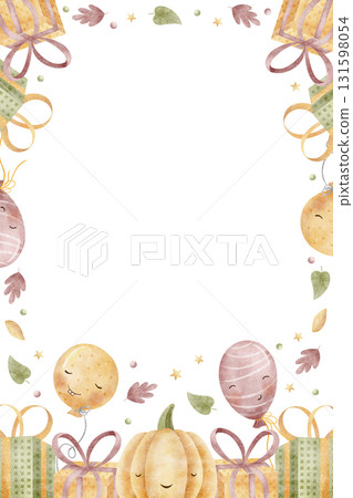 Frame pumpkin, gifts, balloons, autumn leaves. Hand-drawn watercolor illustration in childish Halloween style, isolated from background for design invitations, cards, templates greetings party holiday Frame pumpkin, gifts, balloons, autumn leaves. Hand-drawn watercolor illustration in childish Halloween style, isolated from background for design invitations, cards, templates greetings party holiday 131598054