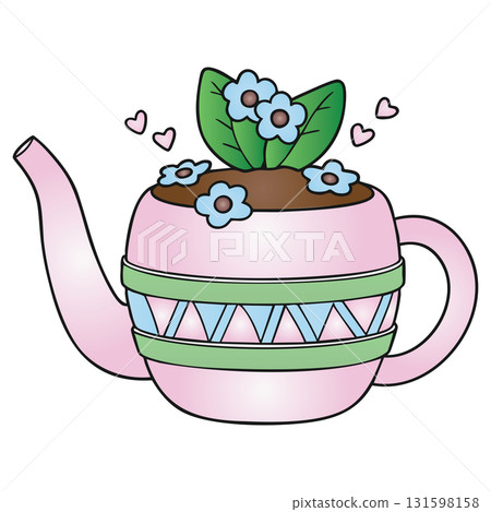 Pink Teapot Planter with Flowers Illustration on Transparent Background Pink Teapot Planter with Flowers Illustration on Transparent Background 131598158