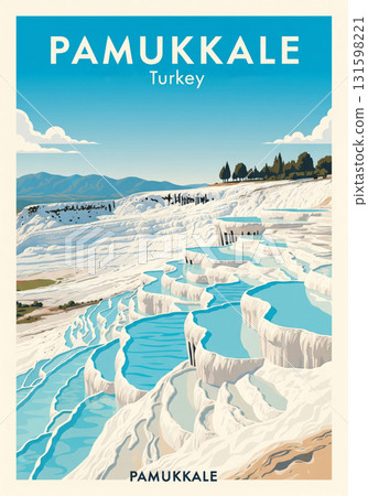 Vintage travel poster, Pamukkale, Turkey, art in the style of retro illustration 131598221