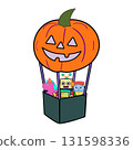 An illustration of multiple cute toys riding on a jack-o'-lantern balloon, perfect for Halloween 131598336
