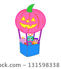 Halloween illustration of a stuffed animal riding a jack-o'-lantern balloon (cute, fantasy) 131598338