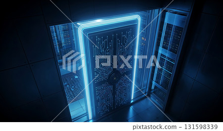 A server room with a blue lit server rack door showing a circuit board design and other server racks 131598339