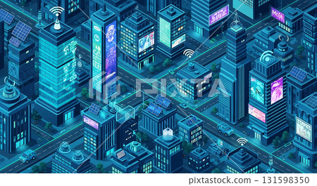 Isometric view of a futuristic city with glowing buildings and streets at nighttime in blue tones 131598350