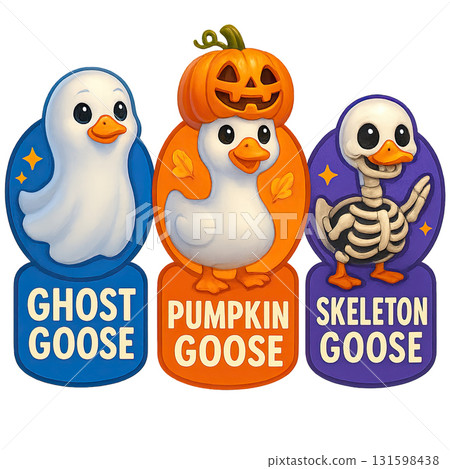 Halloween goose characters with ghost, pumpkin, and skeleton Halloween goose characters with ghost, pumpkin, and skeleton 131598438
