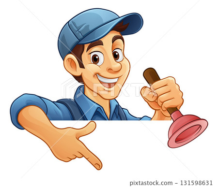 Plumber Drain Plunger Cartoon Handyman Pointing Plumber Drain Plunger Cartoon Handyman Pointing 131598631