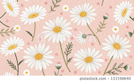 Seamless pattern of white daisy flowers with yellow centers background Seamless pattern of white daisy flowers with yellow centers background 131598640