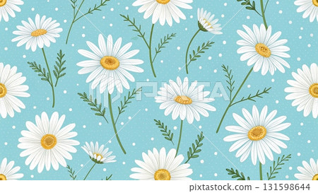 Seamless pattern of white daisy flowers with yellow centers background Seamless pattern of white daisy flowers with yellow centers background 131598644