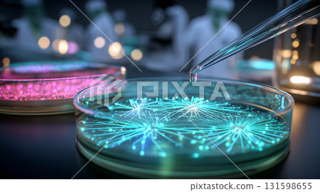 Bioluminescent Bacterial Colonies in Petri Dishes Under Blue and Green Laboratory Light 131598655