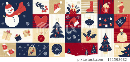 Christmas Background Pattern. Merry Holiday Element tile. Advent Calendar with Festive Xmas Icon cute snowman, New Year ball, Tree. Template Horizontal geometric ornament. Vector illustration. Not AI 131598682