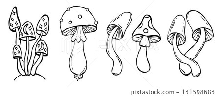 Outline Magic Creepy Mushroom Doodles set. Isolated Mystical Space Fungi, fly agaric. Textured Hand Drawn on White Background. Vector Illustration Sketch. Not AI Outline Magic Creepy Mushroom Doodles set. Isolated Mystical Space Fungi, fly agaric. Textured Hand Drawn on White Background. Vector Illustration Sketch. Not AI 131598683