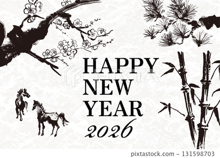 2026 馬年新年賀卡模板手繪馬年生肖插圖 131598703