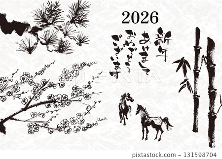 2026 Year of the Horse New Year's card template Hand-drawn illustration of the zodiac sign of the horse 2026 Year of the Horse New Year's card template Hand-drawn illustration of the zodiac sign of the horse 131598704