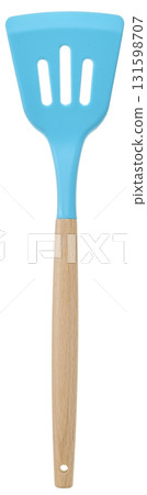 Blue silicone slotted spatula with wooden handle isolated on white background 131598707