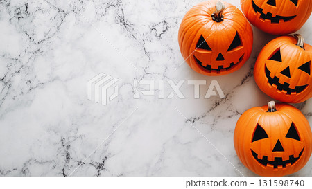 Halloween pumpkin, white marble background, copy space 131598740
