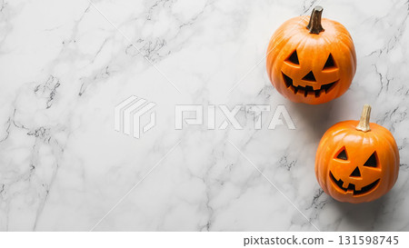Halloween pumpkin, white marble background, copy space 131598745