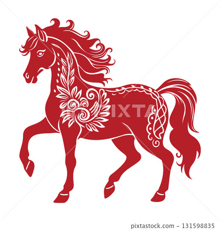 Red horse silhouette with a floral ornament. Illustration. 131598835