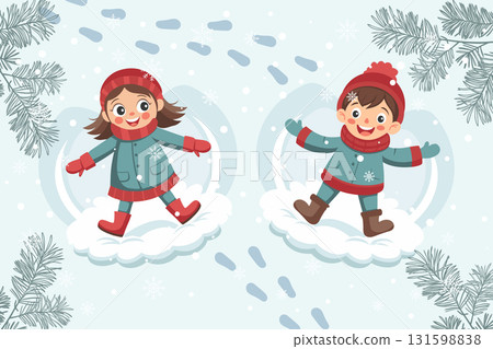 Happy children making snow angels on a snowy day. Cute little boy and girl in the snow. Illustration. 131598838