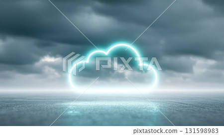 Cloud computing icon glowing in vibrant teal center, digital technology, futuristic, moody sky Cloud computing icon glowing in vibrant teal center, digital technology, futuristic, moody sky 131598983