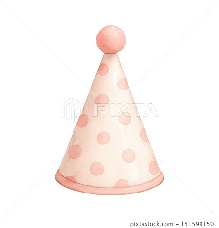 Party hat with pink polka dots and pompom, festive and cheerful Party hat with pink polka dots and pompom, festive and cheerful 131599150
