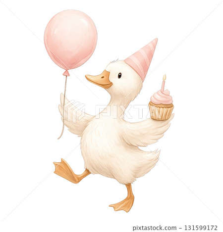 Cute duckling with party hat holding balloon and cupcake 131599172