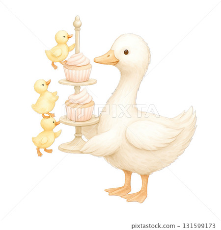 Cute duck with chicks and cupcakes on stand Cute duck with chicks and cupcakes on stand 131599173