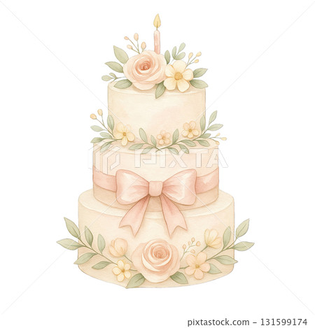 Three tier cake with flowers and bow, soft pastel colors 131599174