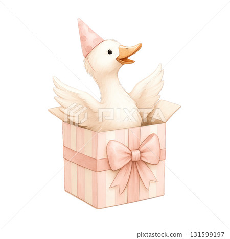 Cute duckling with party hat in gift box with bow Cute duckling with party hat in gift box with bow 131599197