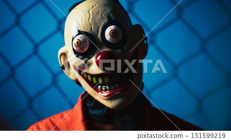 Creepy Clown Staring In Prisoner Costume Against Blue Fence Creepy Clown Staring In Prisoner Costume Against Blue Fence 131599219