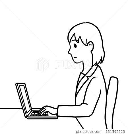一位表情嚴肅、正在電腦上工作的女士（僅線條畫，橫向） 131599223