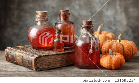 Vintage glass bottles with red liquid and small pumpkins old book 131599234