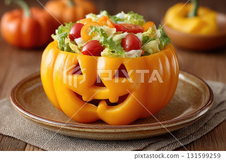 Jack o lantern bell pepper filled with fresh salad on plate 131599259