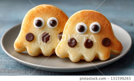 Cute ghost shaped pancakes with chocolate eyes and mouth on plate 131599263