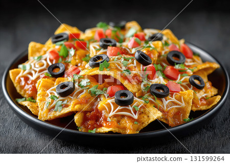 Nacho chips with melted cheese, black olives, tomato Nacho chips with melted cheese, black olives, tomato 131599264