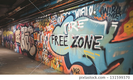 Graffiti wall background with text message FREE ZONE and paint splashes Graffiti wall background with text message FREE ZONE and paint splashes 131599370