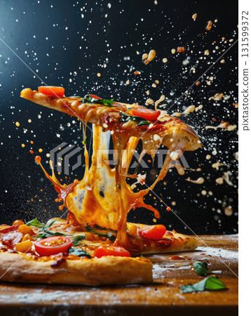 Dramatic capture of cheese pizza slice with toppings flying mid air explosion Dramatic capture of cheese pizza slice with toppings flying mid air explosion 131599372
