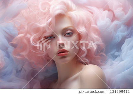 Dreamy portrait of woman with pink cloud like hair, soft pastel colors Dreamy portrait of woman with pink cloud like hair, soft pastel colors 131599411