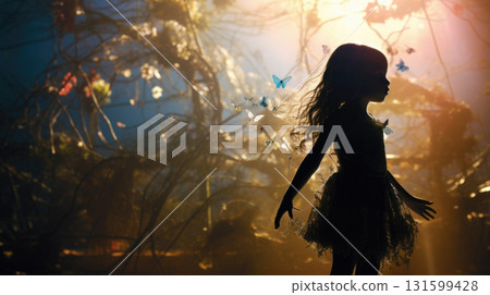 Little girl silhouette with imaginary world, dreams in her head Little girl silhouette with imaginary world, dreams in her head 131599428