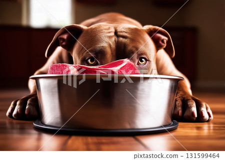 Hungry Dog with Light Eyes Watching Fresh Red Meat in Bowl on Floor Capturing Moment of Anticipation and Natural Instinct 131599464