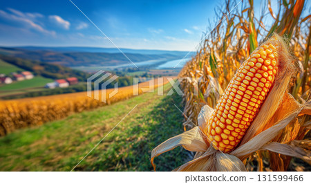 Close-Up of Ripe Corn Ear in Golden Field with Scenic Countryside Background Featuring Hills River and Blue Sky with Scattered Clouds 131599466