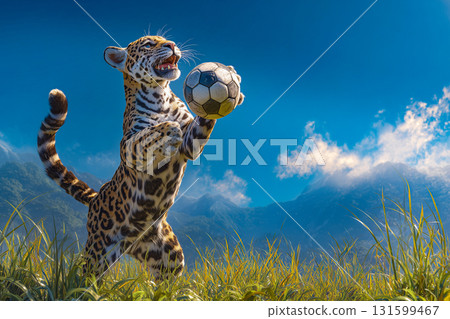 Wild Jaguar Playing with Soccer Ball in Open Meadow Surrounded by Green Hills and Bright Sky in Whimsical Outdoor Composition 131599467