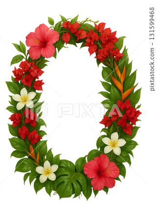 Tropical Floral Frame with Hibiscus Plumeria Bird-of-Paradise and Green Leaves Arranged in Circular Composition on White Background for Decorative Use 131599468