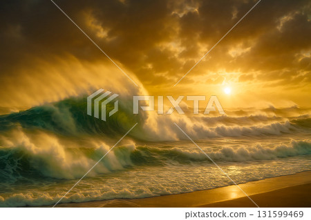 Powerful ocean waves crash onto the shore under dramatic sunset skies with golden light and misty spray 131599469