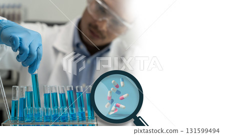 Pharmacovigilance concept with scientist testing blue liquid in lab tubes and magnifying glass showing capsules. Drug safety monitoring and pharmaceutical research. 131599494