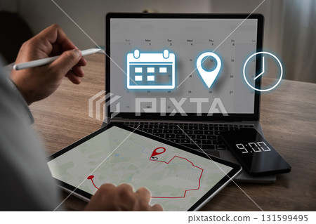 Schedule Calendar Time Planning with Location Clock Icons on Laptop Tablet Smartphone Schedule Calendar Time Planning with Location Clock Icons on Laptop Tablet Smartphone 131599495