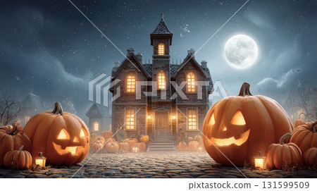 Haunted house with glowing jack o lanterns under full moonlight Haunted house with glowing jack o lanterns under full moonlight 131599509