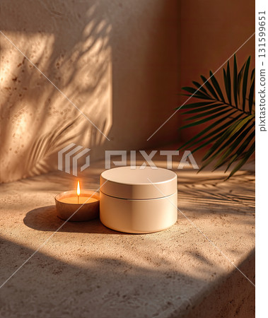 Minimalist cream jar with lit candle and palm leaf shadow 131599651