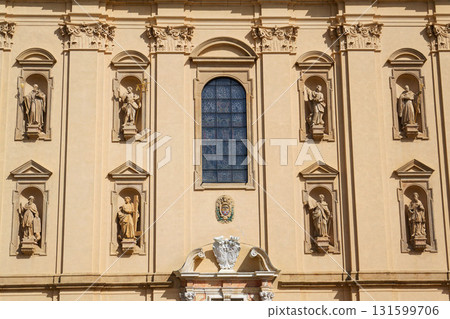 Architectural detail on the pilgrimage Basilica of the Assumption of the Virgin Mary and St. Cyril and Methodius at Velehrad Monastery, Moravia, Czech Republic Architectural detail on the pilgrimage Basilica of the Assumption of the Virgin Mary and St. Cyril and Methodius at Velehrad Monastery, Moravia, Czech Republic 131599706